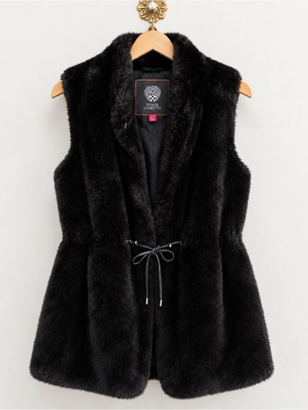 Vince Camuto Black Faux Fur Long Vest Size Medium M with Pockets & Tie Waist